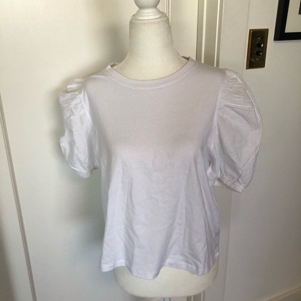 NWT Zara Mixed Poplin White Tee With Puffed Sleeves Sz M #0239 - Picture 3 of 6